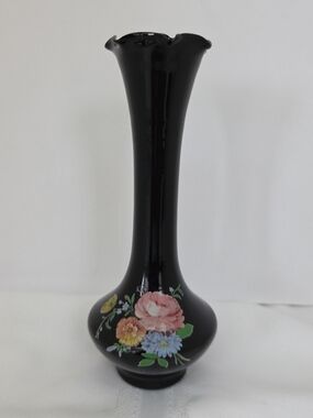 Victorian VTG Ebony Black Amethyst Art Glass Hand Painted Flowers Ruffled Top